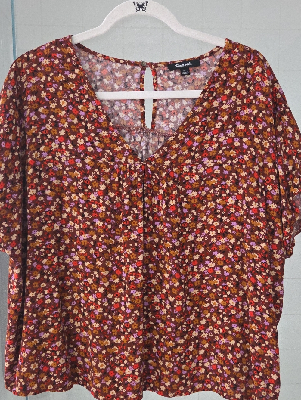 Madewell Rust Floral V-Neck Short Sleeve Blouse